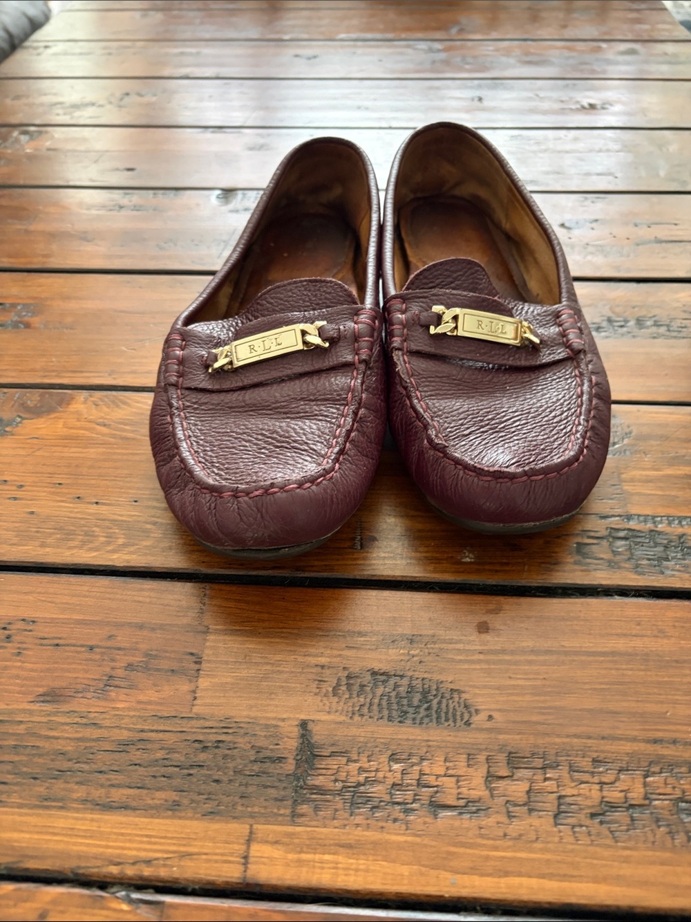 Lauren Ralph Lauren Women's Burgundy Leather Moccasin Loafers with Gold Accent
